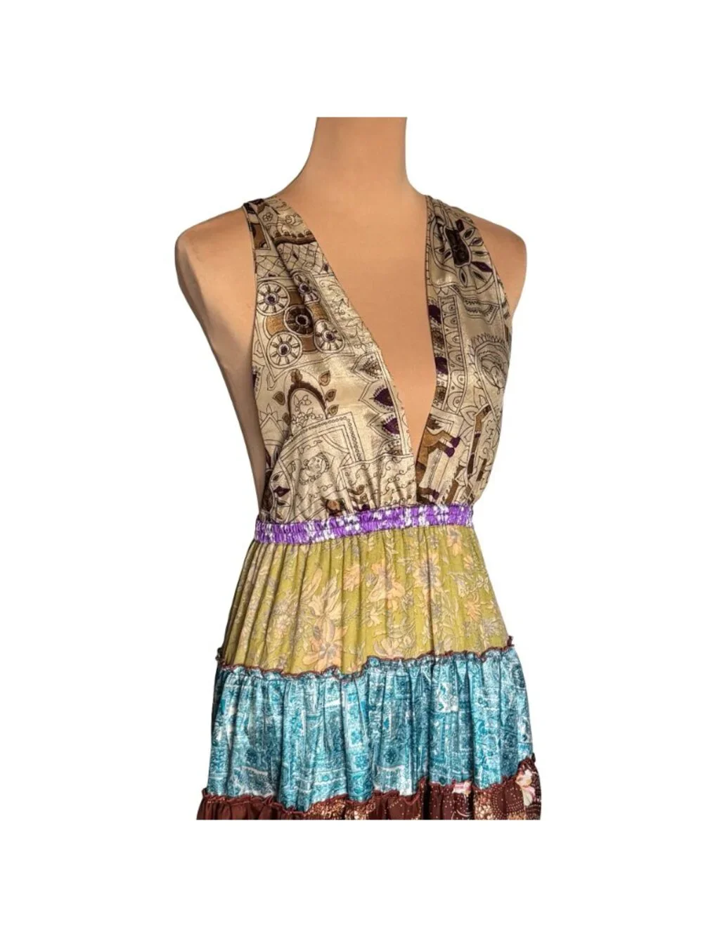Boho Y2K Patchwork Tiered Maxi Dress Sz S Open Back Flowy Gipsy - Picture 4 of 16